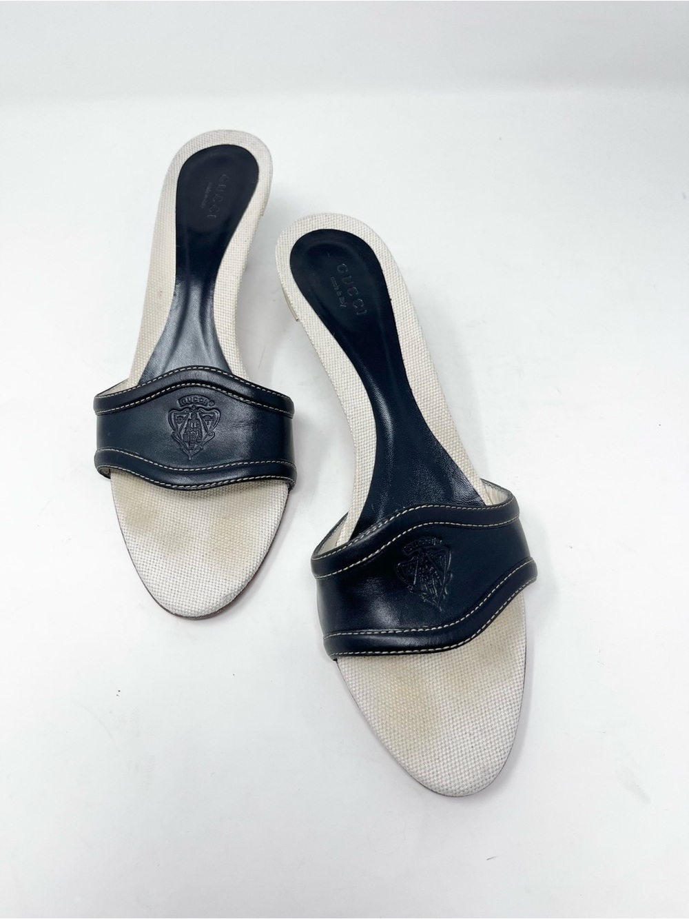 Vintage Gucci Hysteria Black Leather & White Canvas Slide Mule Sandals size 9 - Picture 2 of 8